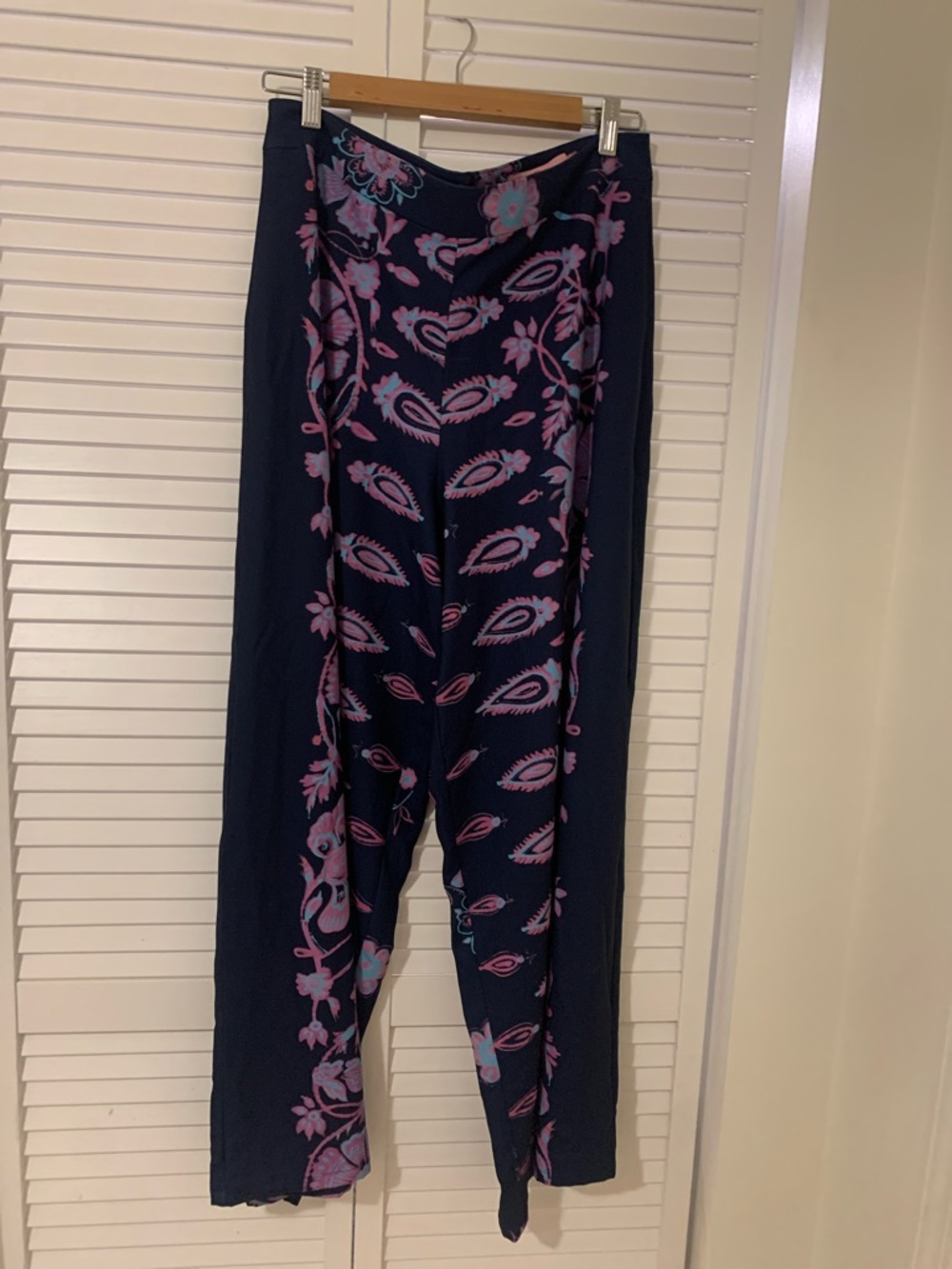 Eva Franco Navy Wide-Leg Pants with Pink & Lavender Paisley